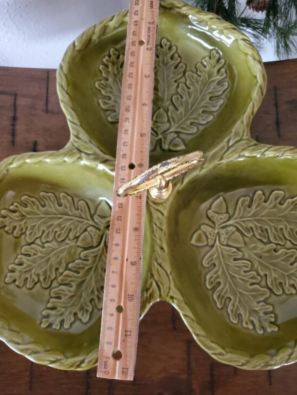 California Pottery Divided Dish Avocado Olive Green Oak Leaf Acorn MCM VTG